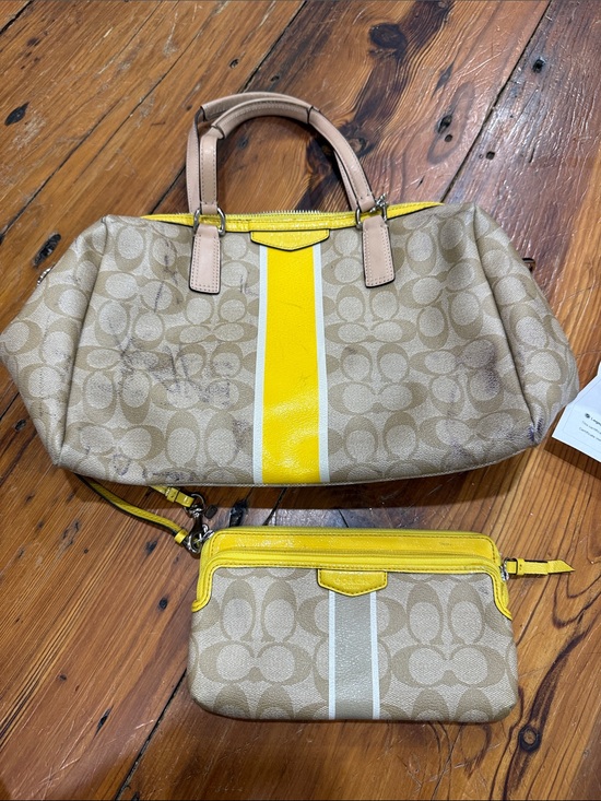 Coach Handbags - Coach Beige Signature Tote and Wristlet with Yellow and White Stripe